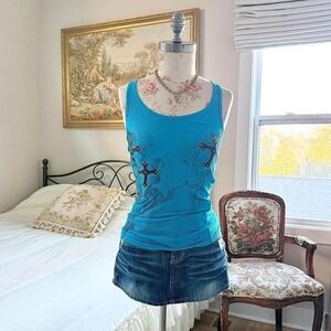 y2k zona libre turquoise embellished graphic tank top size small